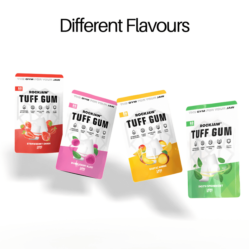 Four Tuff Gum pouches in different flavour colours